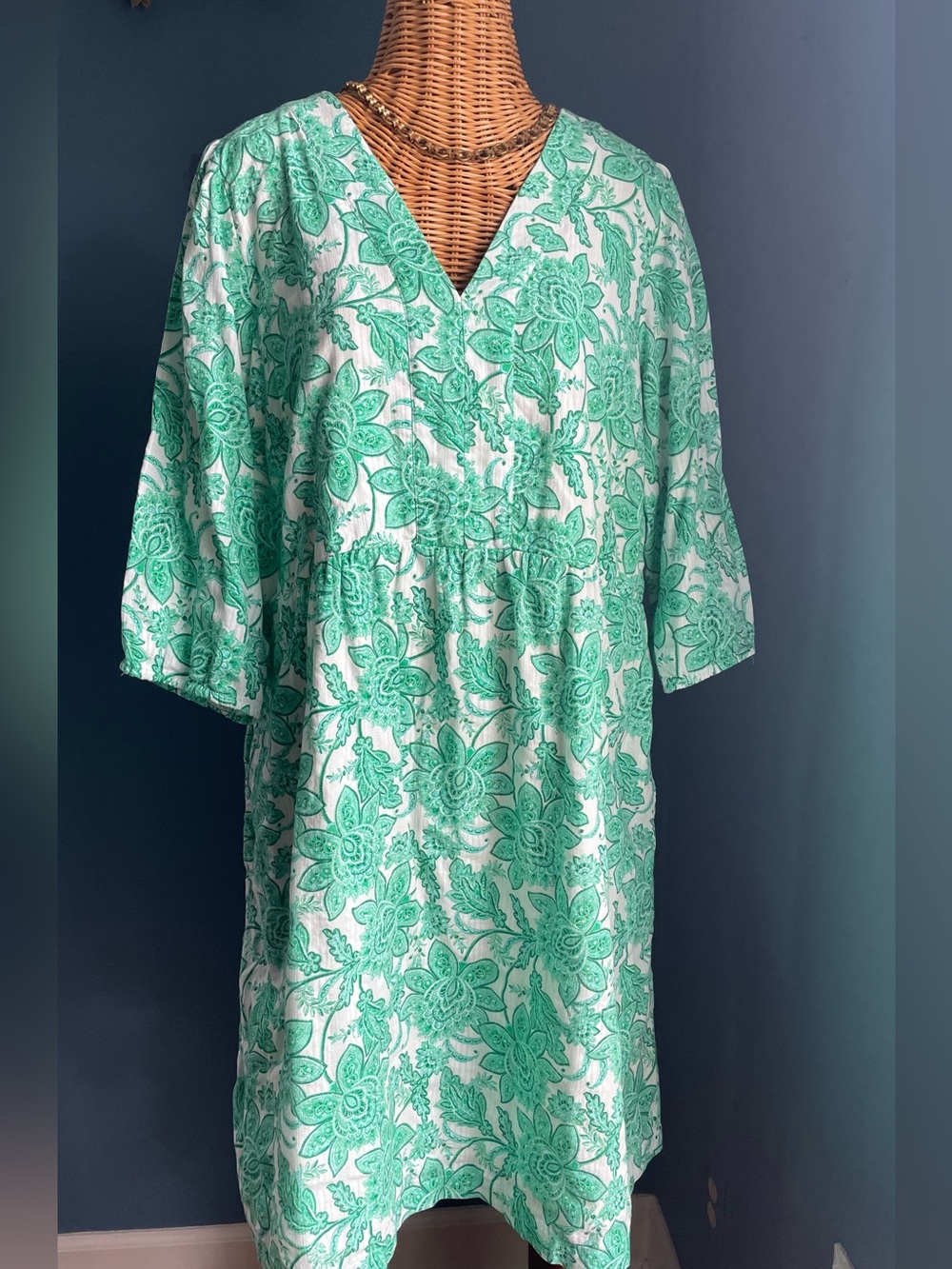 J Jill Green White Floral Paisley V-neck Cotton Babydoll Dress Size Large Pocket